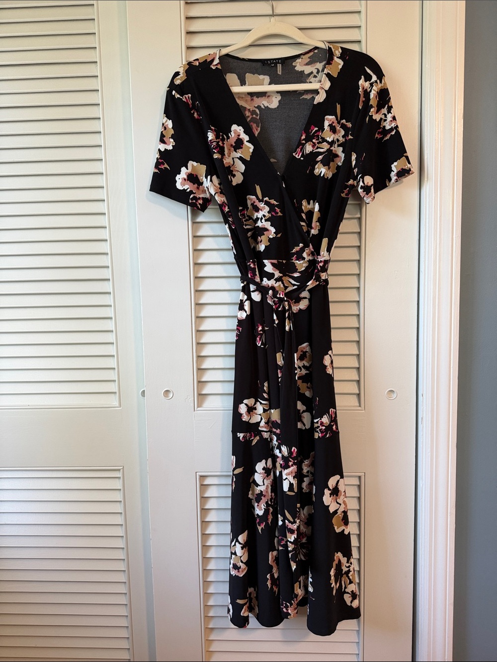1. State Black Floral Wrap Midi Dress with Cream & Pink Blooms